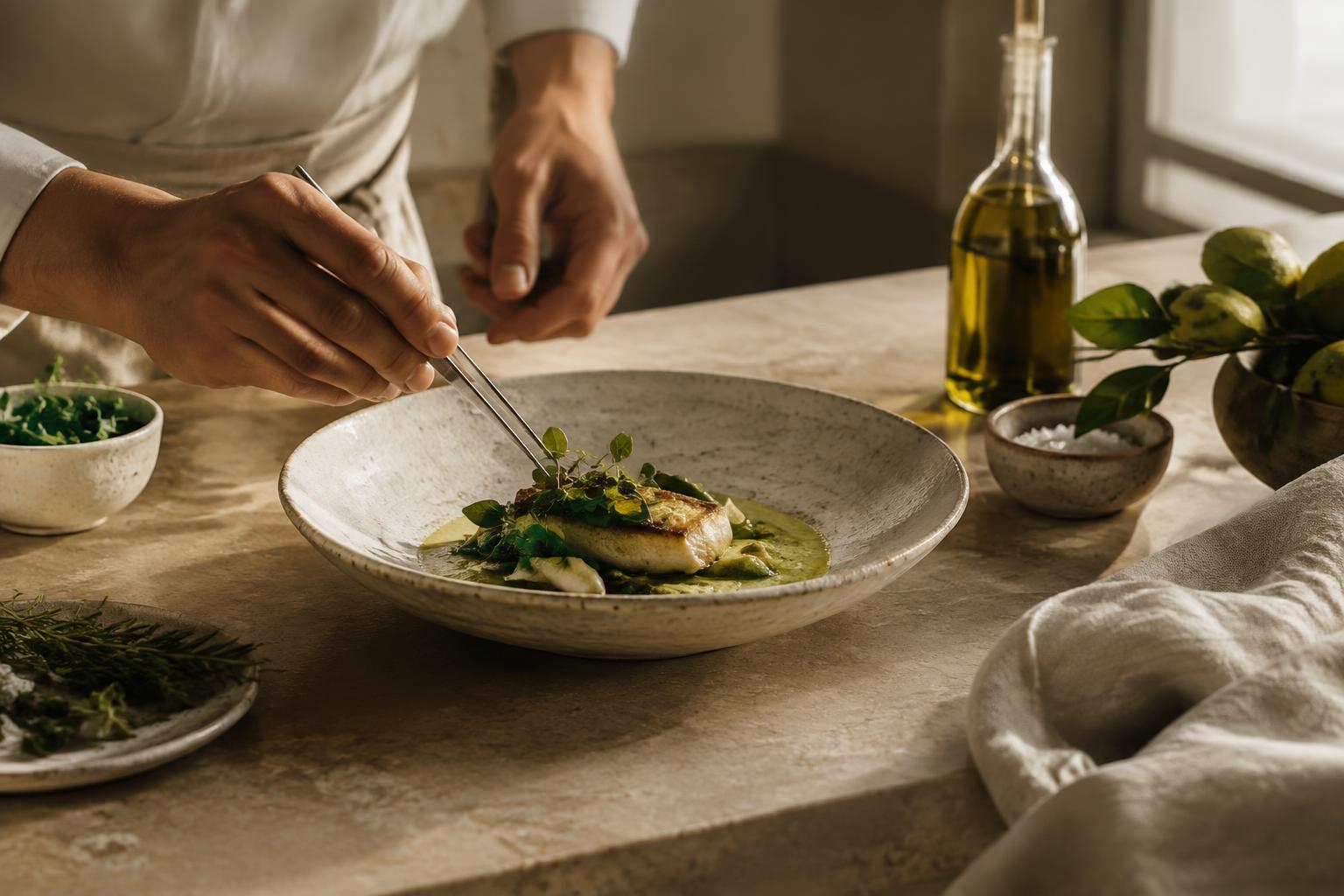 A chef finishing a dish in a warm, minimal kitchen