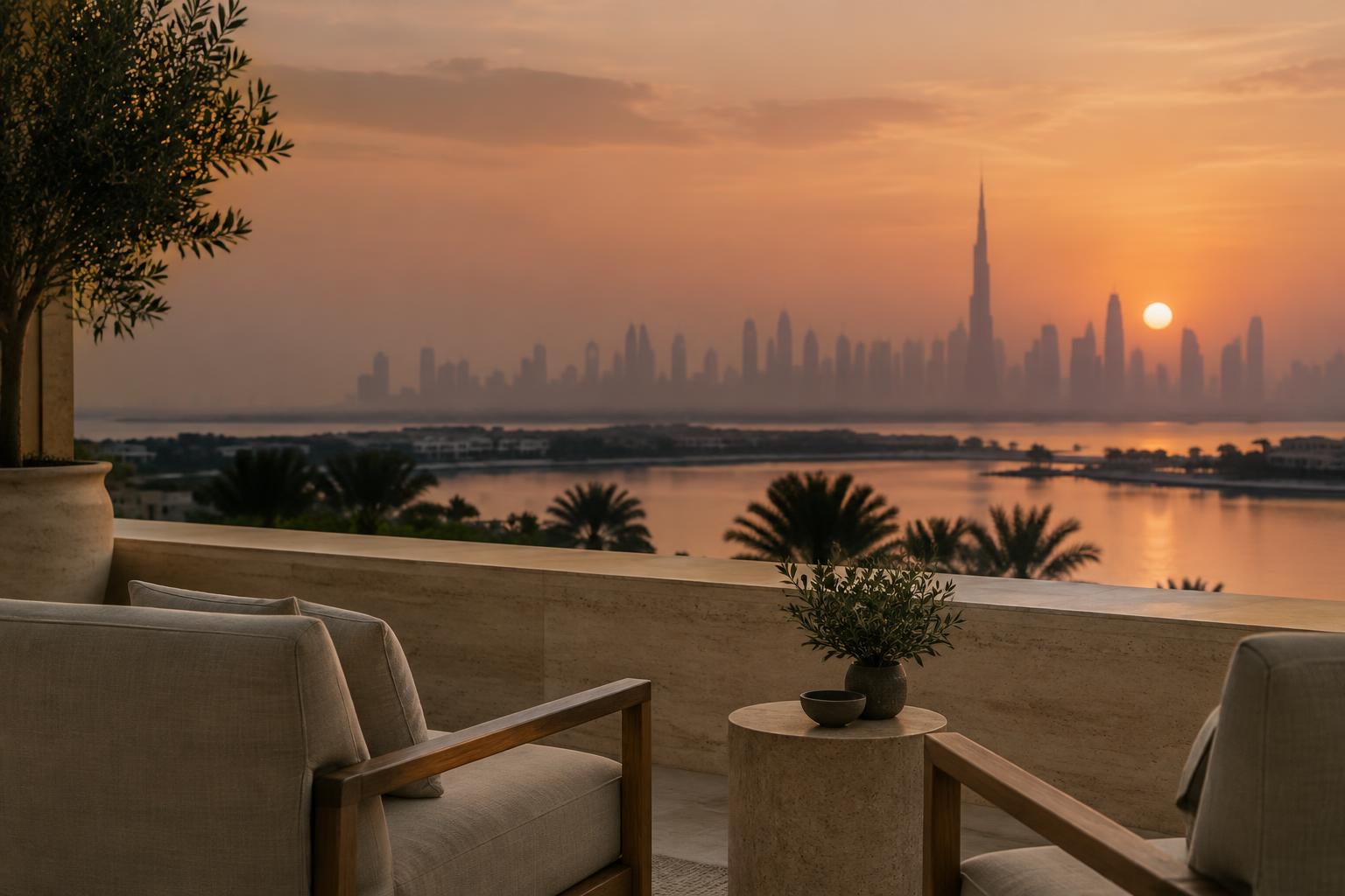 Dubai's skyline at dusk seen from a quiet terrace