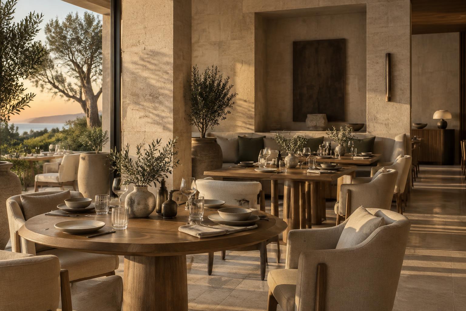 A warm, minimal restaurant interior in travertine and linen