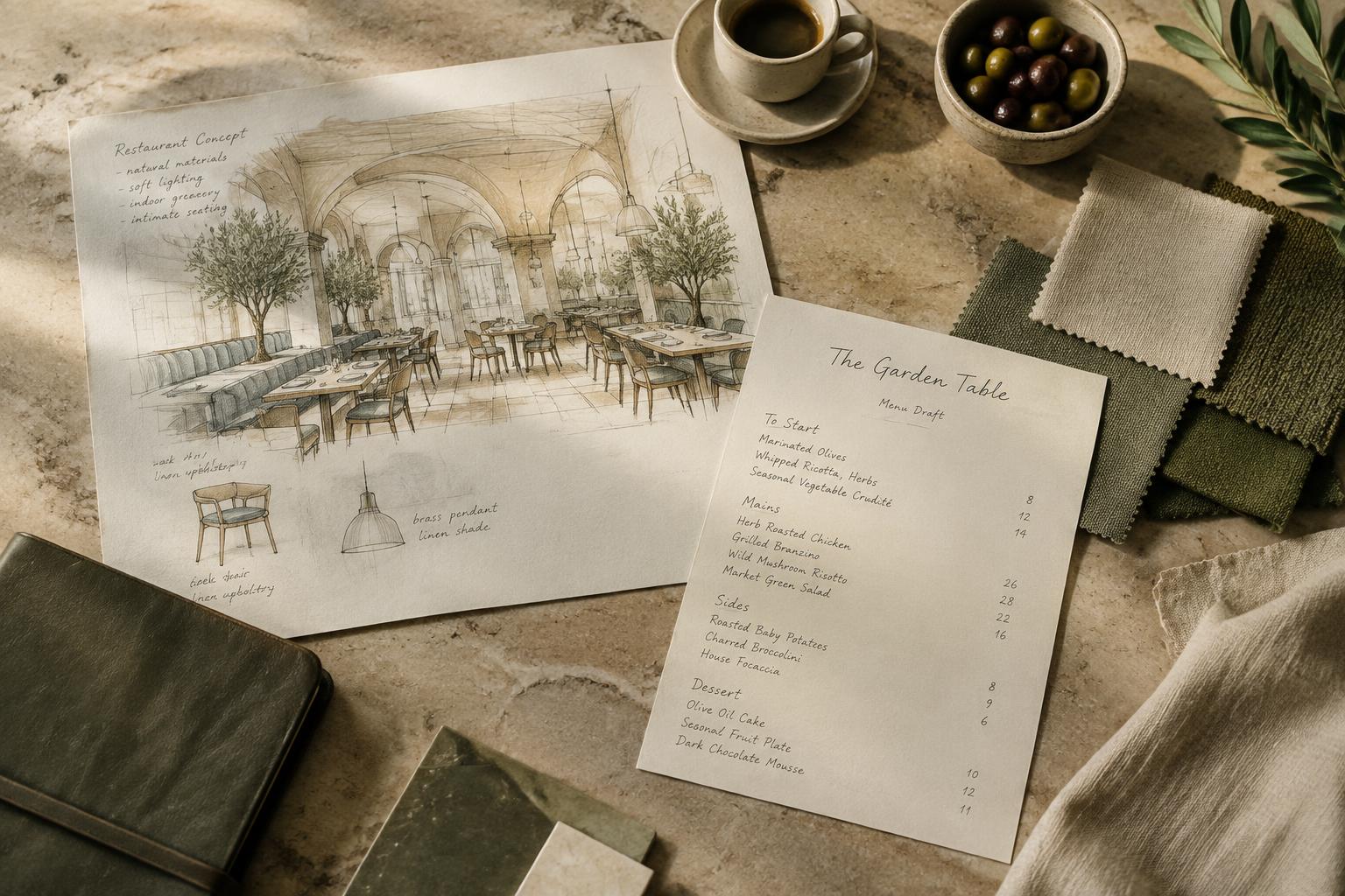 Concept sketches, menu drafts and material swatches on a travertine table