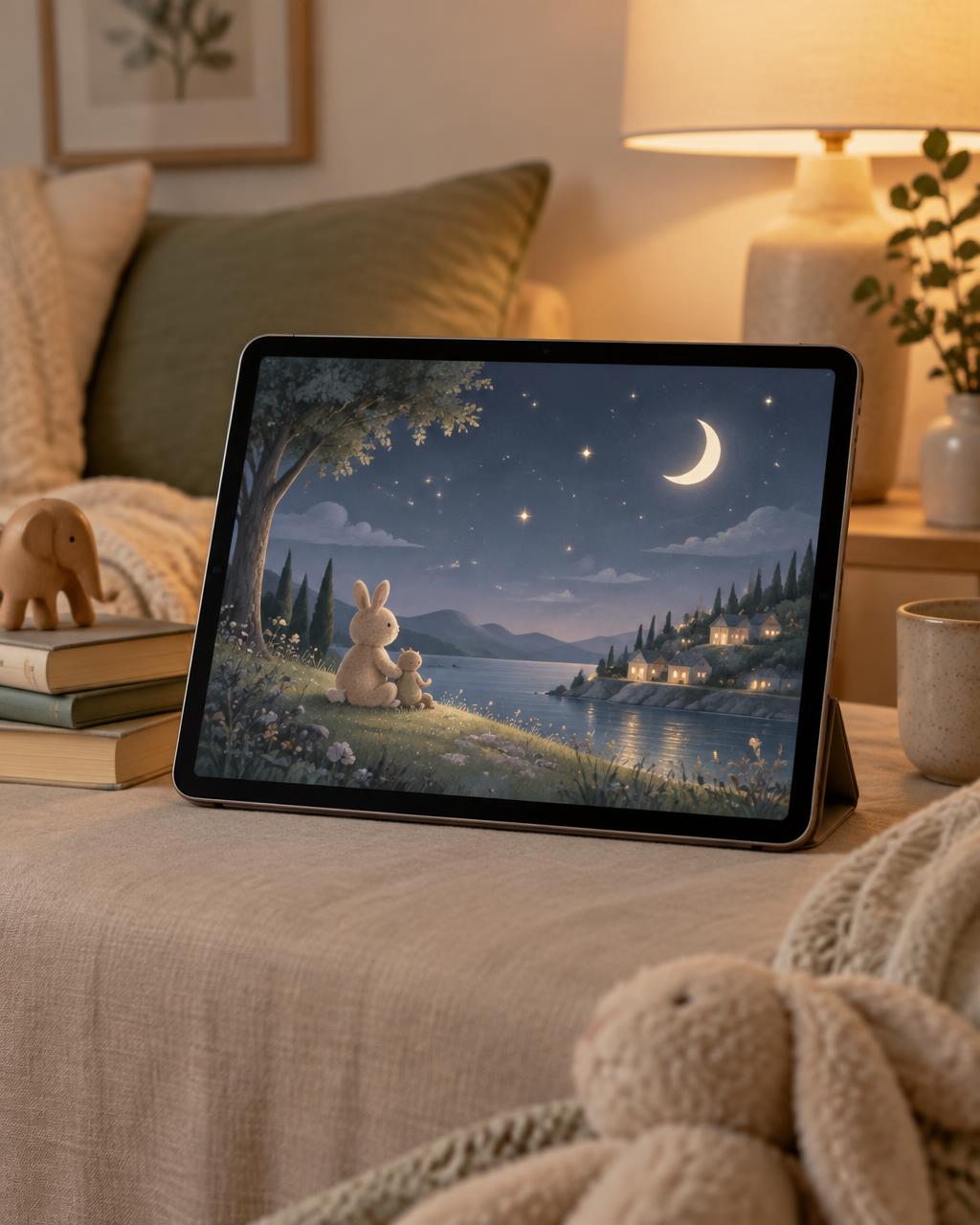 A tablet showing a calm children's storytelling app at bedtime
